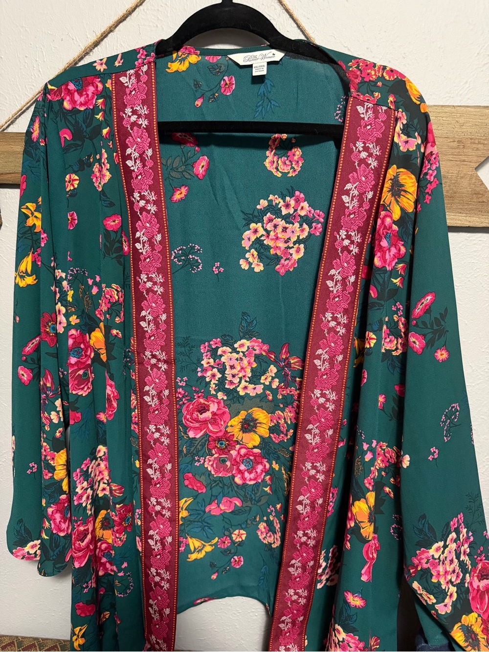 The Pioneer Woman Teal Floral Kimono Robe with Pink Trim